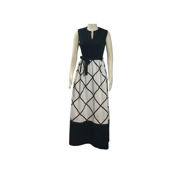 1970s Black & White Diamond Pattern Sleeveless Maxi Hostess Patio Dress Gown - Picture 1 of 7